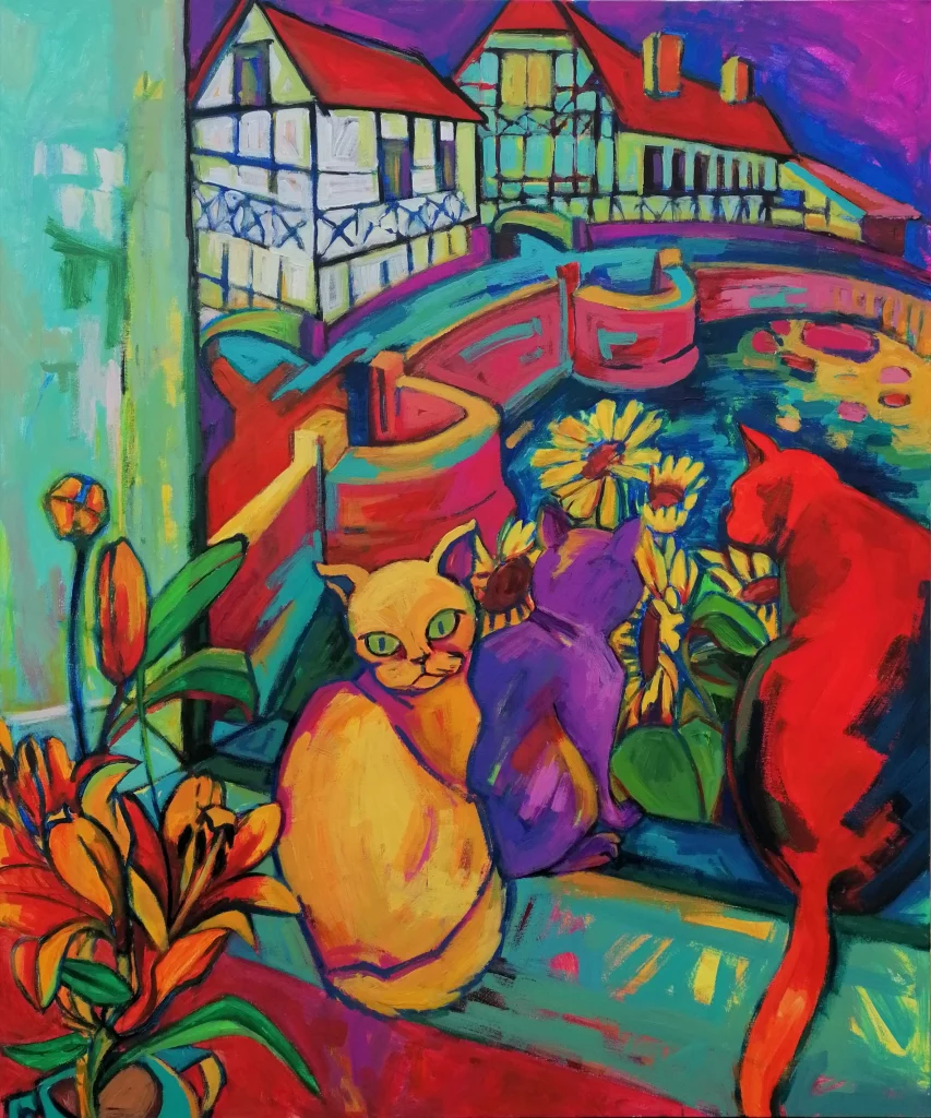 Untitled • Series: Women and Cats • Artist: Farzaneh Ravesh • Year: 2021 • Technique / Medium: Acrylic Oil on canvas • Dimensions: 120 × 100 cm