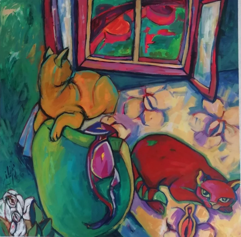 Untitled • Series: Women and Cats • Artist: Farzaneh Ravesh • Year: 2021 • Technique / Medium: Acrylic Oil on canvas • Dimensions: 120 × 100 cm
