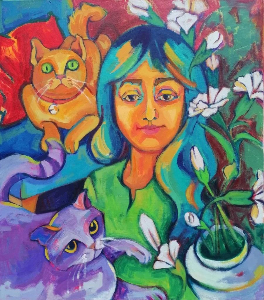 Untitled • Series: Women and Cats • Artist: Farzaneh Ravesh • Year: 2021 • Technique / Medium: Acrylic Oil on canvas • Dimensions: 100 × 100 cm