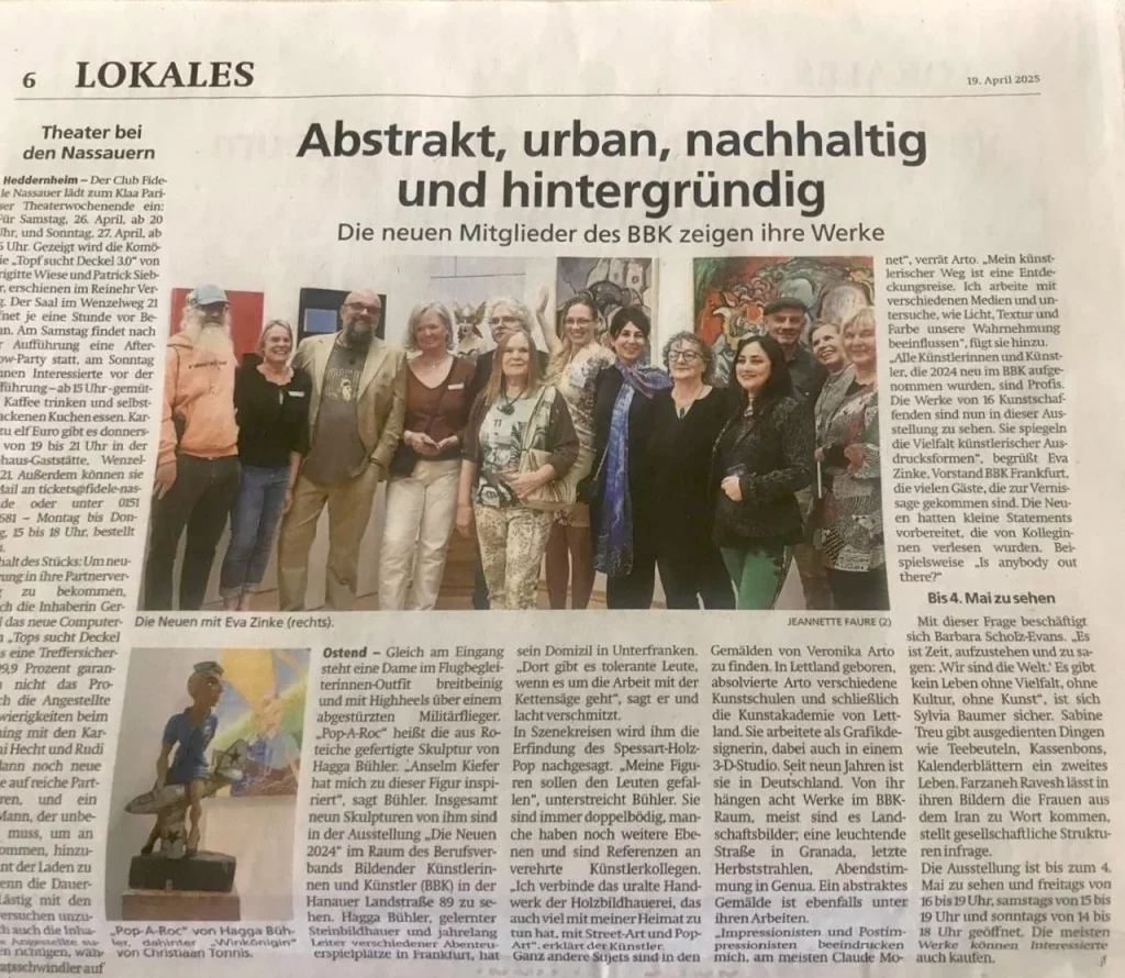 Opening (Vernissage): Friday, April 11, 2025, at 7:00 pm at BBK Frankfurt, Hanauer Landstraße 89, 60314 Frankfurt am Main